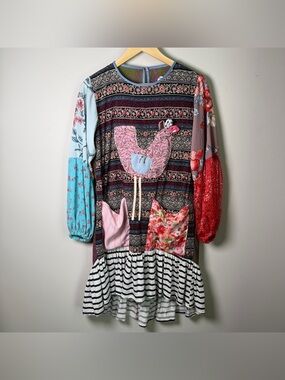 Amo Makaria Patchwork Mixed Print Dress | Lagenlook Art | Sz M | Made in Mexico